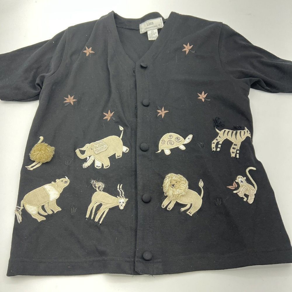 Lisa International patchwork Button Up Blouse Embroidered Applique Animal Size S